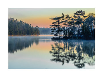 Fotografie eines ruhigen Sees mit Bäumen und Himmel, der sich im Wasser spiegelt.