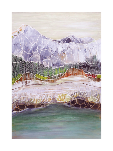 Poster einer Berglandschaft mit See, in Weiß, Lila, Grün und Blau, mit geometrischen Formen.