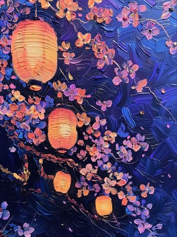 Poster mit leuchtenden Laternen und blühenden Blumen vor einem tiefblauen Hintergrund.