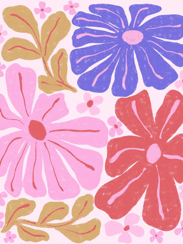 Eine Illustration großer abstrakter Blumen in Pink, Rot und Blau im Retro Stil.