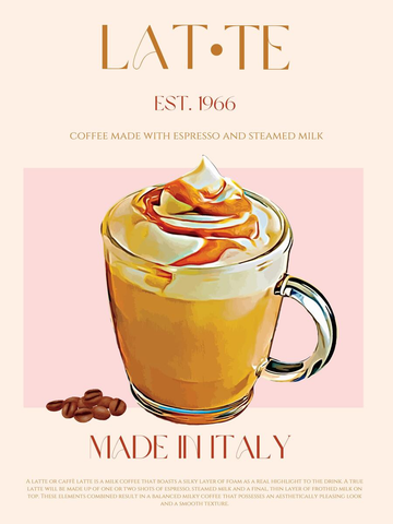 Illustration eines Latte mit Text zur Geschichte und Herkunft des Getränks.