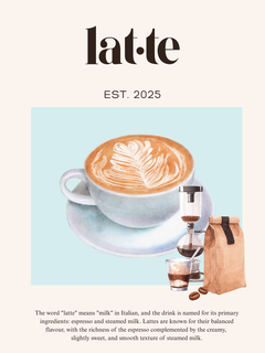 Illustration eines Lattes mit Kaffeebohnen und Kaffeefilter, Text „Latte“ und „Est. 2025“.