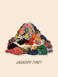 Poster mit einem Stapel bunter Kleidung und dem Text "Laundry time?" in Schwarz.