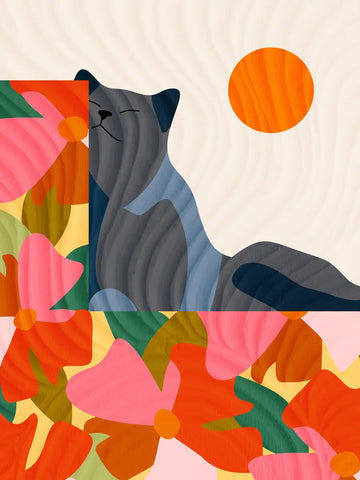Grafik einer Katze in Blau- und Grautönen auf einem blumigen Sofa mit einer orangefarbenen Sonne im Hintergrund.
