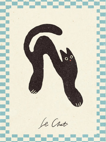 Illustration einer schwarzen Katze auf beigefarbenem Grund mit blauem Karomuster und dem Text "Le Chat".