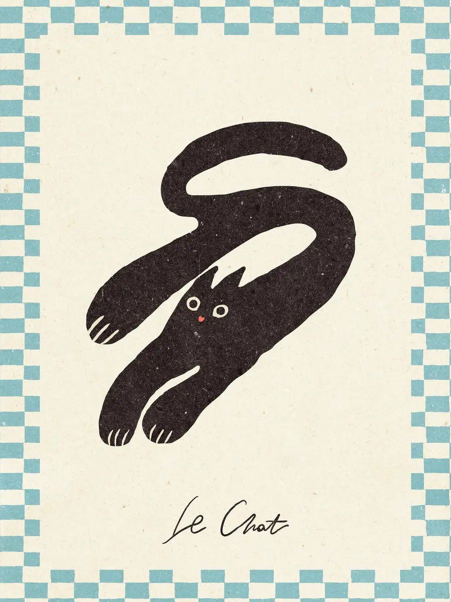 Illustration einer schwarzen Katze mit roten Augen und weißen Krallen auf einem hellbeigen Hintergrund mit blauem Karomuster und dem Text "Le Chat".