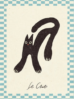 Grafische Illustration einer schwarzen Katze mit dem Text "Le chat" auf hellbeigem Hintergrund und blauem Karomuster.