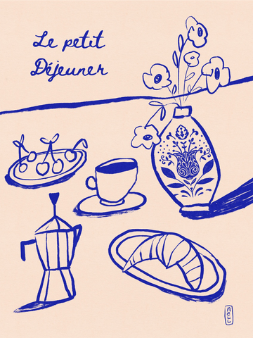 Illustration eines französischen Frühstücks mit Kaffeekanne, Tasse, Croissant, Kirschen und Vase mit Blumen auf hellrosa Hintergrund.