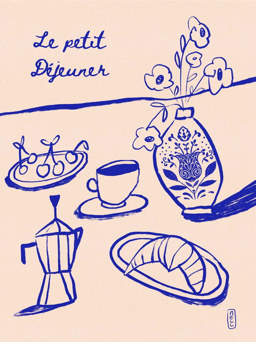 Illustration eines französischen Frühstücks mit Kaffeekanne, Tasse, Croissant, Kirschen und Vase mit Blumen auf hellrosa Hintergrund.
