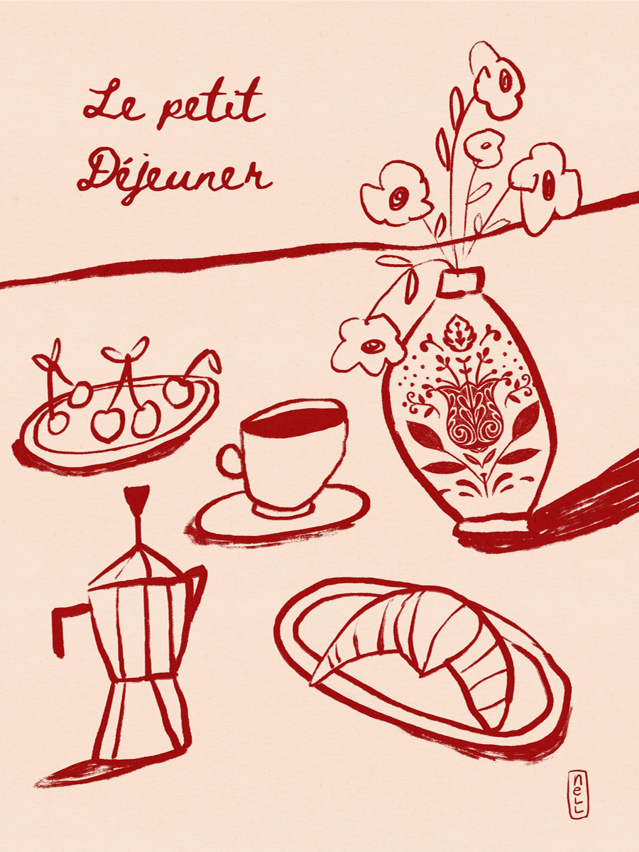 Illustration eines Frühstücks mit Kaffee, Croissant und einer Vase mit Blumen in Rot auf Rosa.