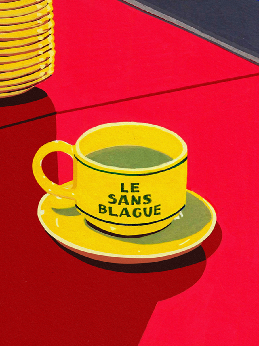 Illustration einer gelben Kaffeetasse mit dem Text "Le sans blague" auf rotem Hintergrund.