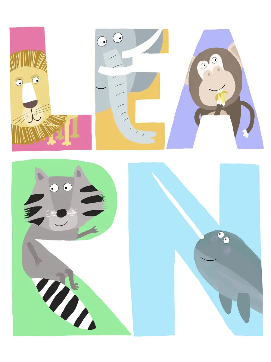 Buntes Kinderposter mit dem Wort LEARN und Tieren auf weißem Hintergrund.