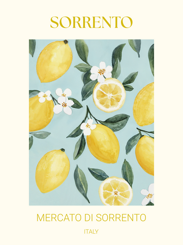Aquarell-Illustration von Zitronen und Blättern mit dem Text „Sorrento Mercato di Sorrento Italy“.