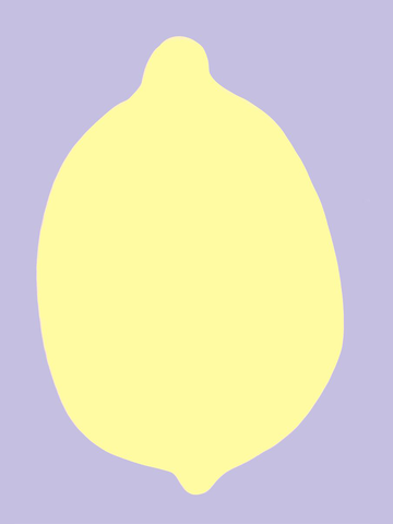 Grafische Illustration einer gelben Zitrone auf fliederfarbenem Hintergrund.