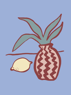 Illustration einer gelben Zitrone und einer gestreiften Vase mit grünen Blättern auf blauem Hintergrund.