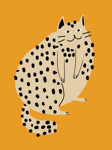 Illustration einer Katze mit Leopardenmuster auf einem orangefarbenen Hintergrund.