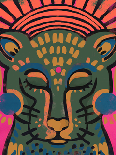 Illustration eines Leopardenkopfes in leuchtenden Farben mit rosa und rotem Hintergrund.