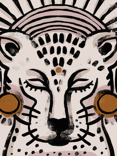 Illustration eines Leoparden mit geschlossenen Augen in Schwarz und Weiß mit rosa Streifen und orangefarbenen Kreisen auf einem hellrosa Hintergrund.