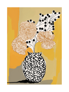 Illustration einer Blumenvase mit Leopardenmuster und Blumen vor einem orangefarbenen Hintergrund.