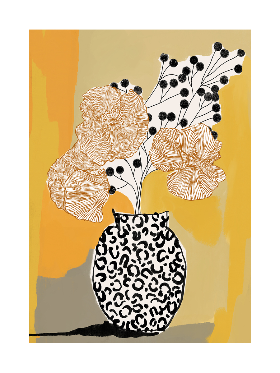 Illustration einer Blumenvase mit Leopardenmuster und Blumen vor einem orangefarbenen Hintergrund.
