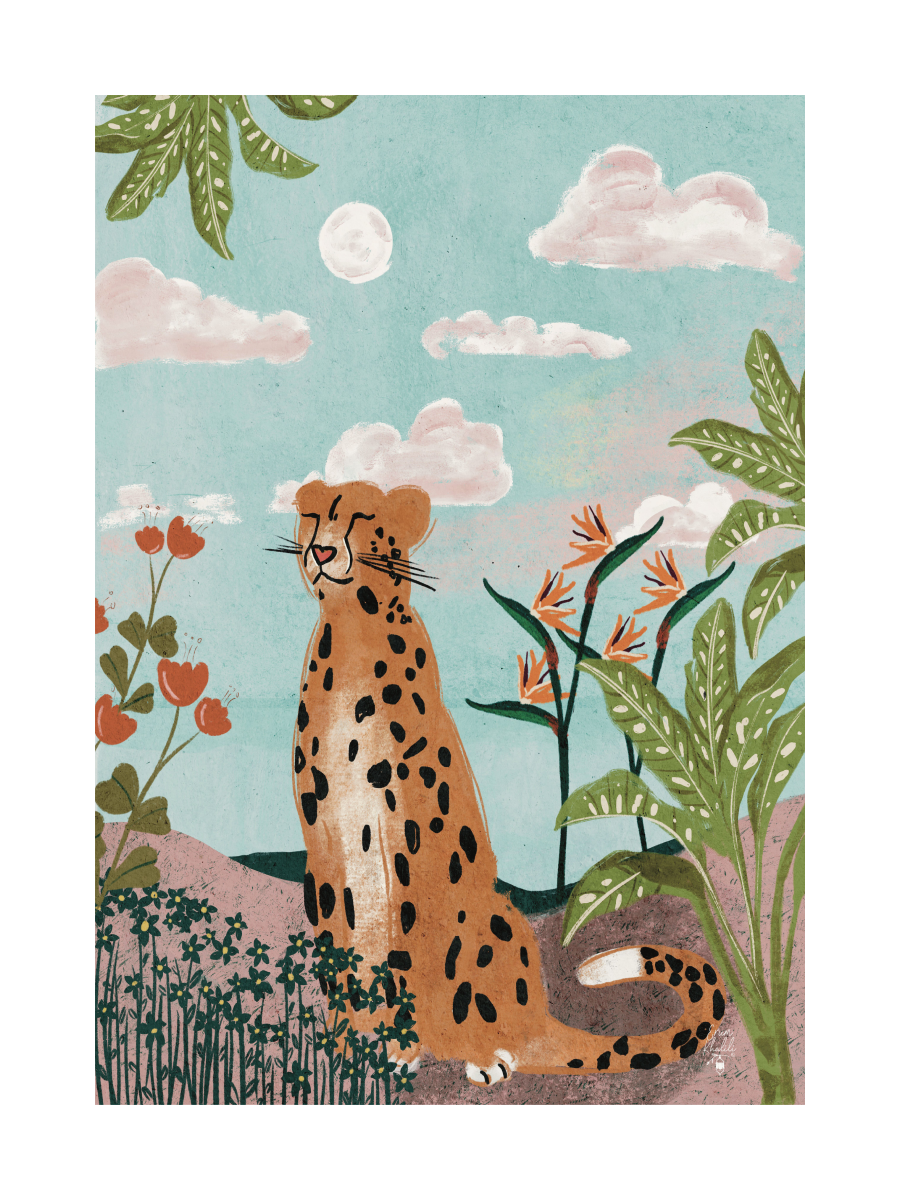 Illustration eines Leoparden in einer Landschaft mit Pflanzen, Wolken und Mond.