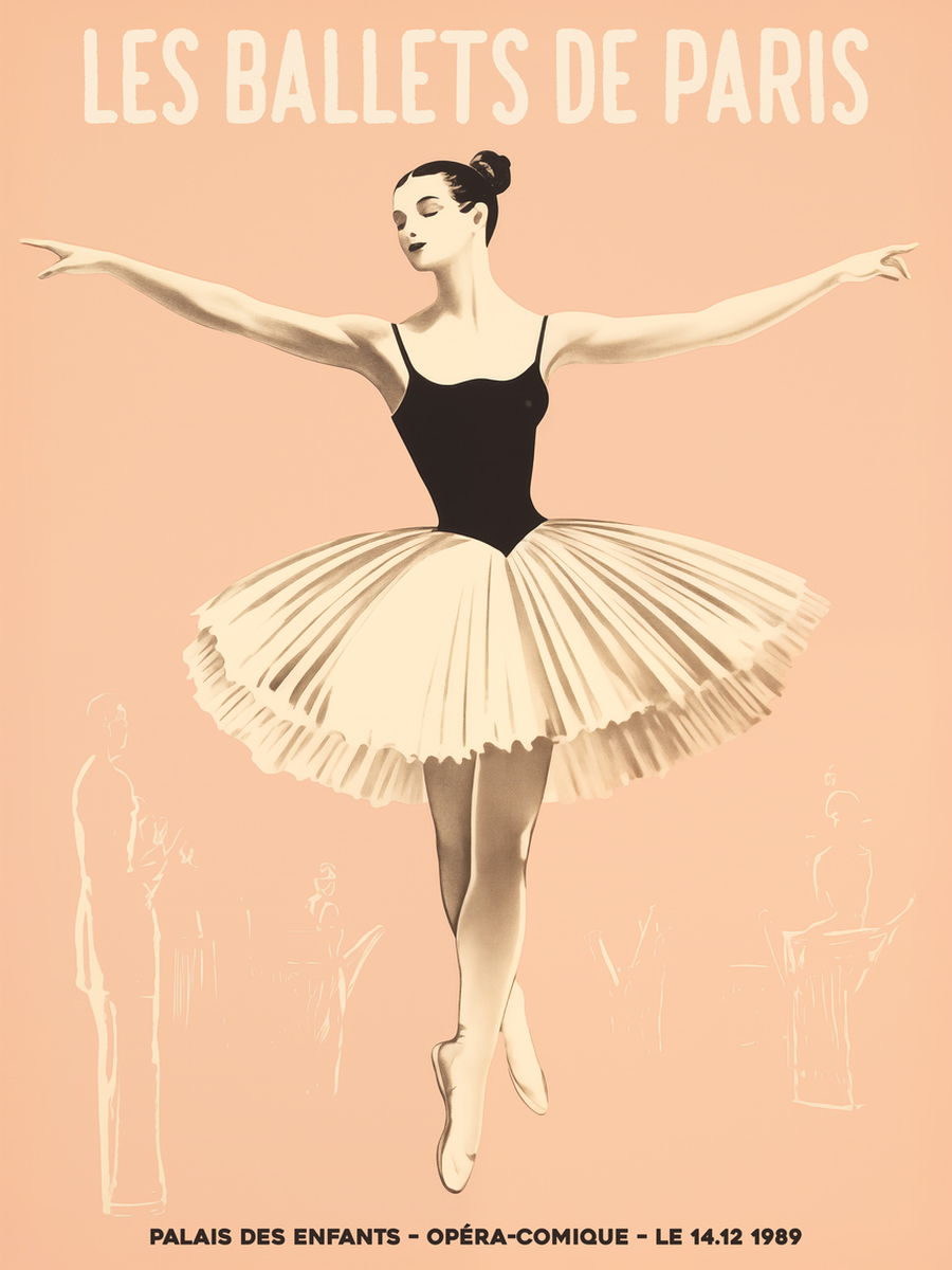Poster einer Ballerina mit dem Text "Les Ballets de Paris" und "Palais des Enfants - Opéra-Comique - Le 14.12 1989".