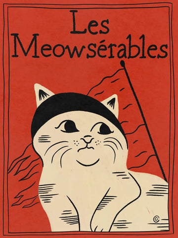 Illustration einer Katze mit Mütze vor einer Fahne, mit dem Text "Les Meowsérables" auf rotem Hintergrund.