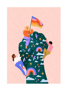 Illustration von drei Menschen, die auf eine Faust klettern, mit Regenbögen, Herzen und der lesbischen Flagge, vor einem rosa gepunkteten Hintergrund.