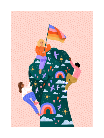 Illustration von drei Menschen, die auf eine Faust klettern, mit Regenbögen, Herzen und der lesbischen Flagge, vor einem rosa gepunkteten Hintergrund.