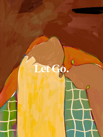 Abstrakte Figur in leuchtenden Farben mit dem Text "Let Go" auf einem warmen Hintergrund.