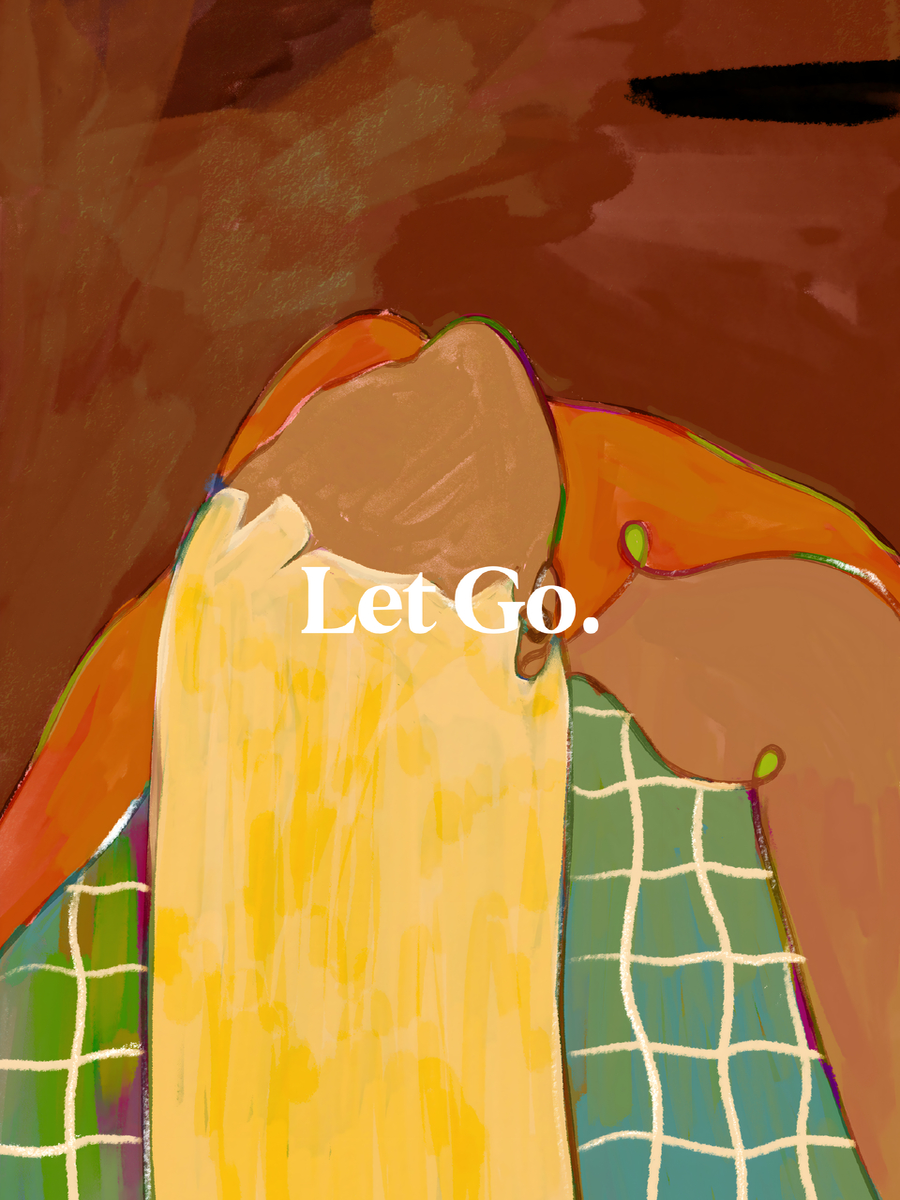 Abstrakte Figur in leuchtenden Farben mit dem Text "Let Go" auf einem warmen Hintergrund.