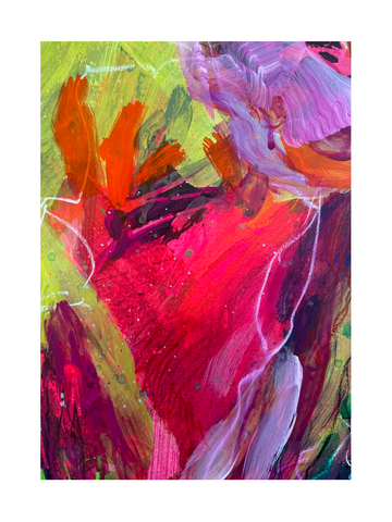 Abstraktes Poster mit Wirbeln aus Rosa, Grün und Gelb.