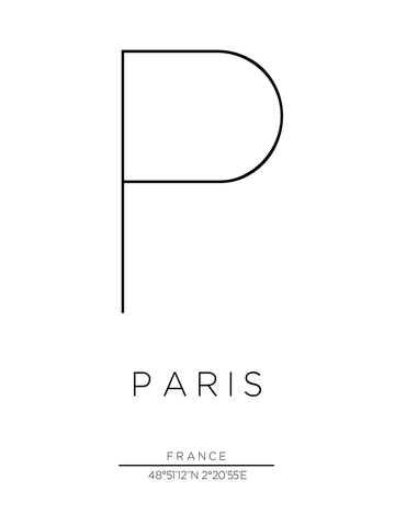 Minimalistisches Typografieposter mit dem Buchstaben P und dem Wort Paris sowie Koordinaten.