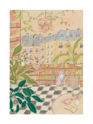 Illustration einer gemütlichen Bibliothek mit Pflanzen und einem weißen Kätzchen auf einem Stuhl.