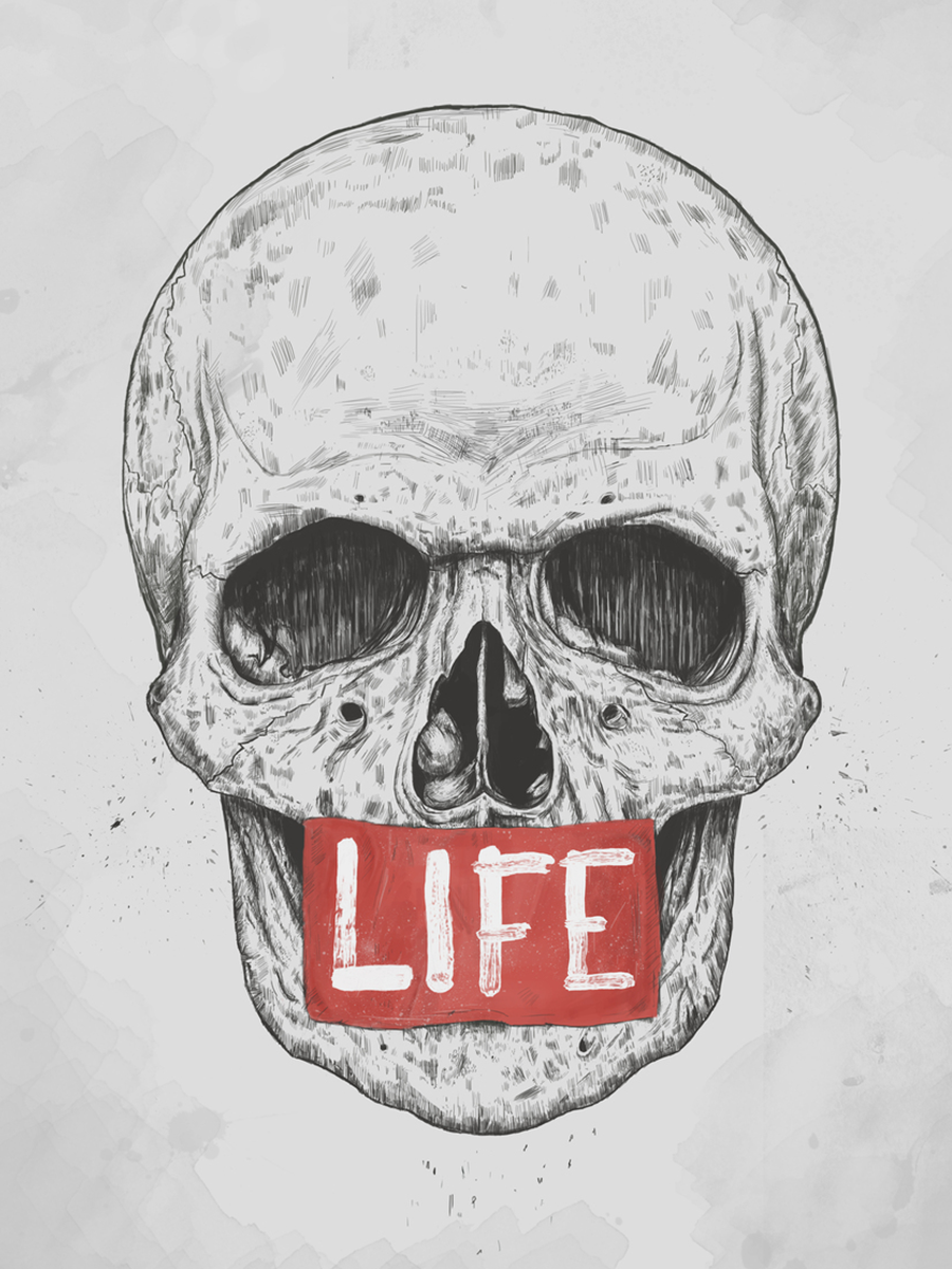 Grafisches Motiv eines Totenkopfs mit einem roten Feld mit dem Text "Life" vor dem Mund.