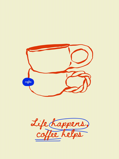 Illustration einer Kaffeetasse und eines Donuts in Orange auf einem hellbeigen Hintergrund mit dem Text "Life happens, coffee helps".