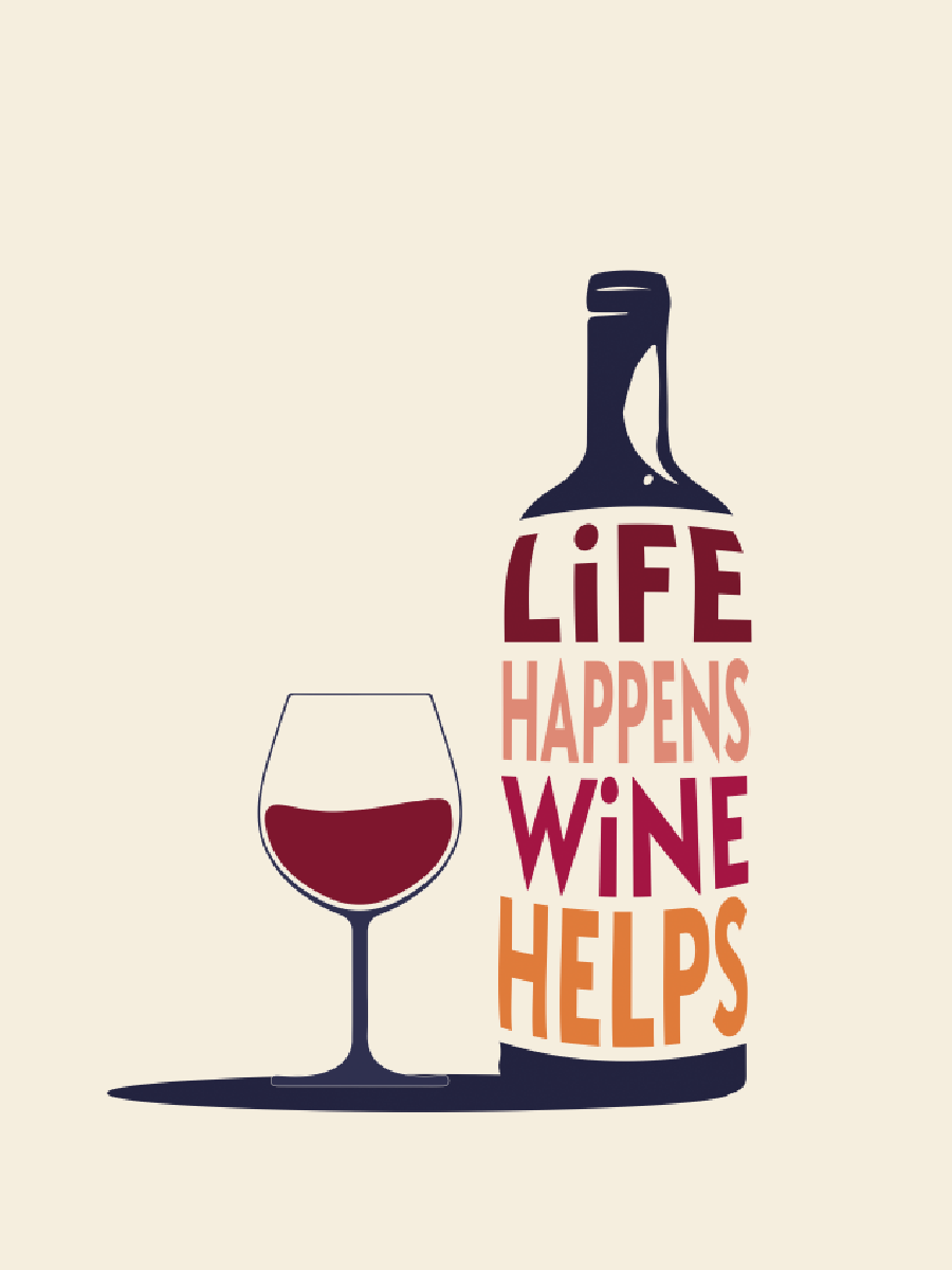 Illustration einer Weinflasche mit dem Text "Life happens wine helps" neben einem Glas Rotwein auf beigem Hintergrund.