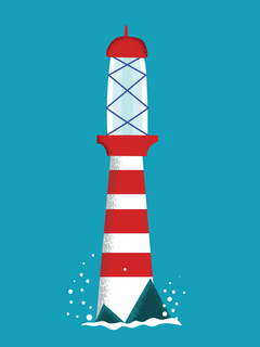 Grafische Illustration eines rot-weiß gestreiften Leuchtturms vor einem blauen Hintergrund.