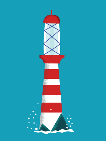 Grafische Illustration eines rot-weiß gestreiften Leuchtturms vor einem blauen Hintergrund.