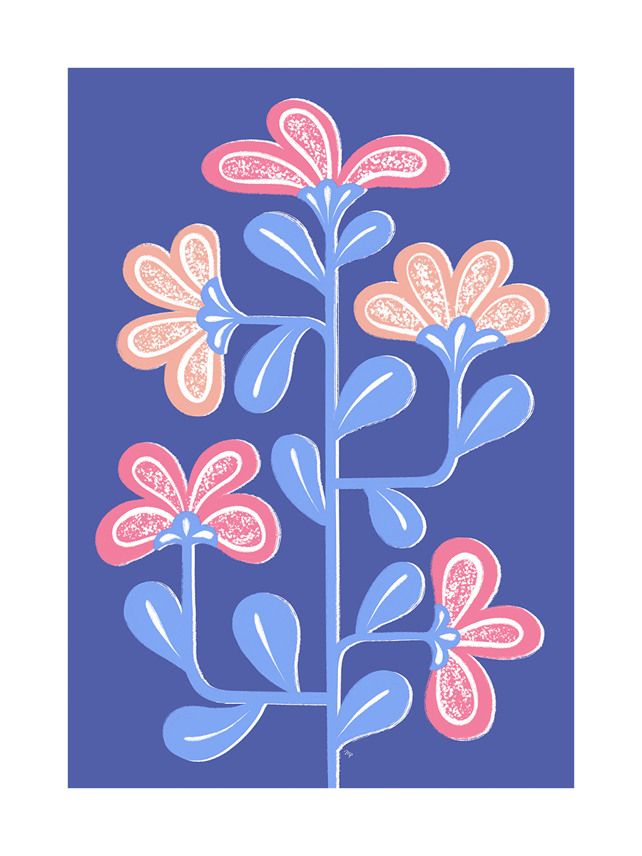 Illustration von rosa und beigen Blüten mit blauen Blättern auf lila Hintergrund.