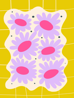 Illustration von lila Blumen mit rosa Blütenblättern auf gelbem Hintergrund.