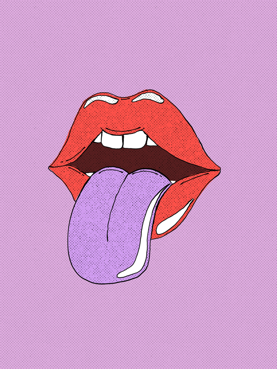 Illustration von roten Lippen mit lilafarbener Zunge vor lila Hintergrund.