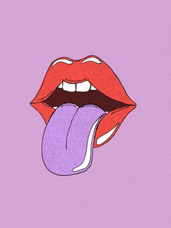 Illustration von roten Lippen mit lilafarbener Zunge vor lila Hintergrund.