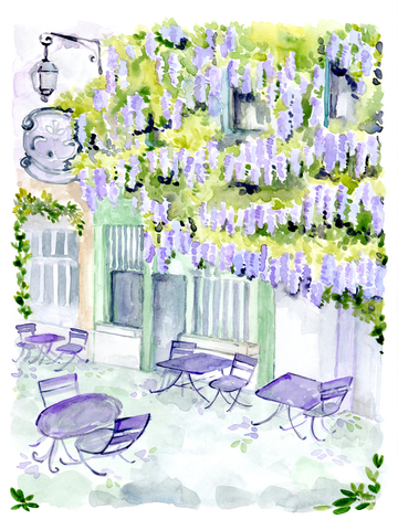 Illustration einer Terrasse mit Fliederblüten bedeckter Wand, leeren Tischen und Stühlen in Aquarell.