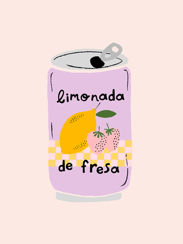 Poster einer Limonadendose mit Zitronen- und Erdbeermotiv auf hellrosa Hintergrund.