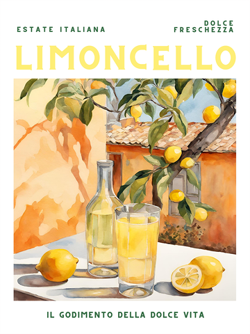 Aquarell-Poster mit Limoncello-Glas und Zitronen unter einem Zitronenbaum vor mediterranem Haus – Sommerliches Genussmotiv.