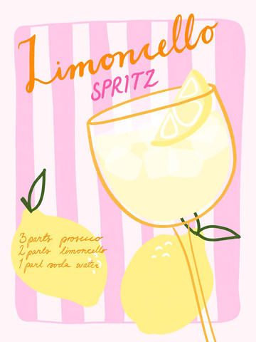 Illustriertes Rezeptposter für einen Limoncello Spritz mit rosa Streifen und gelben Zitronen.