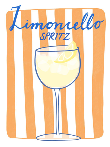 Illustration eines Limoncello Spritz Cocktails vor einem orange-weiß gestreiften Hintergrund.
