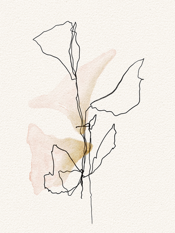 Line Art Illustration von Blüten in Schwarz mit beigen und rosa Akzenten auf hellbeigem Hintergrund.