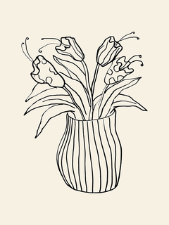Line-Art-Zeichnung einer gestreiften Vase mit Blumen auf einem beigefarbenen Hintergrund.